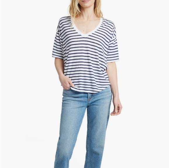 Faherty Oceanside 100% Linen V-Neck T-Shirt Blue White Stripes Nautical size XS - Picture 1 of 16
